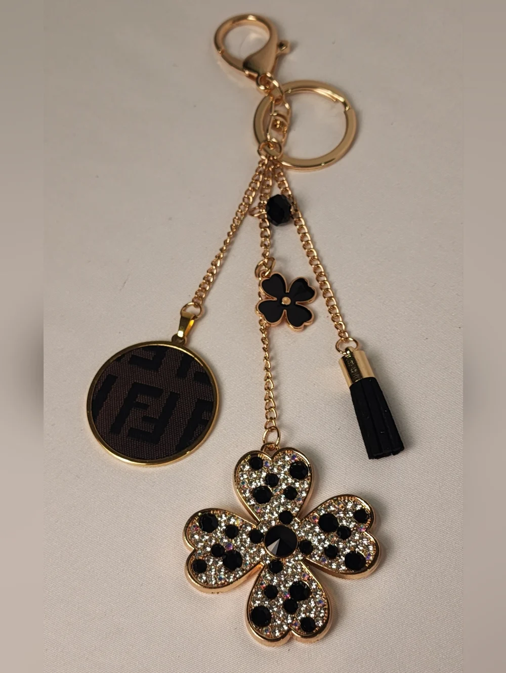Fendi Brown Monogram Cloth Canvas Gold- Black Flower Crystal Bag Charm Keychain
